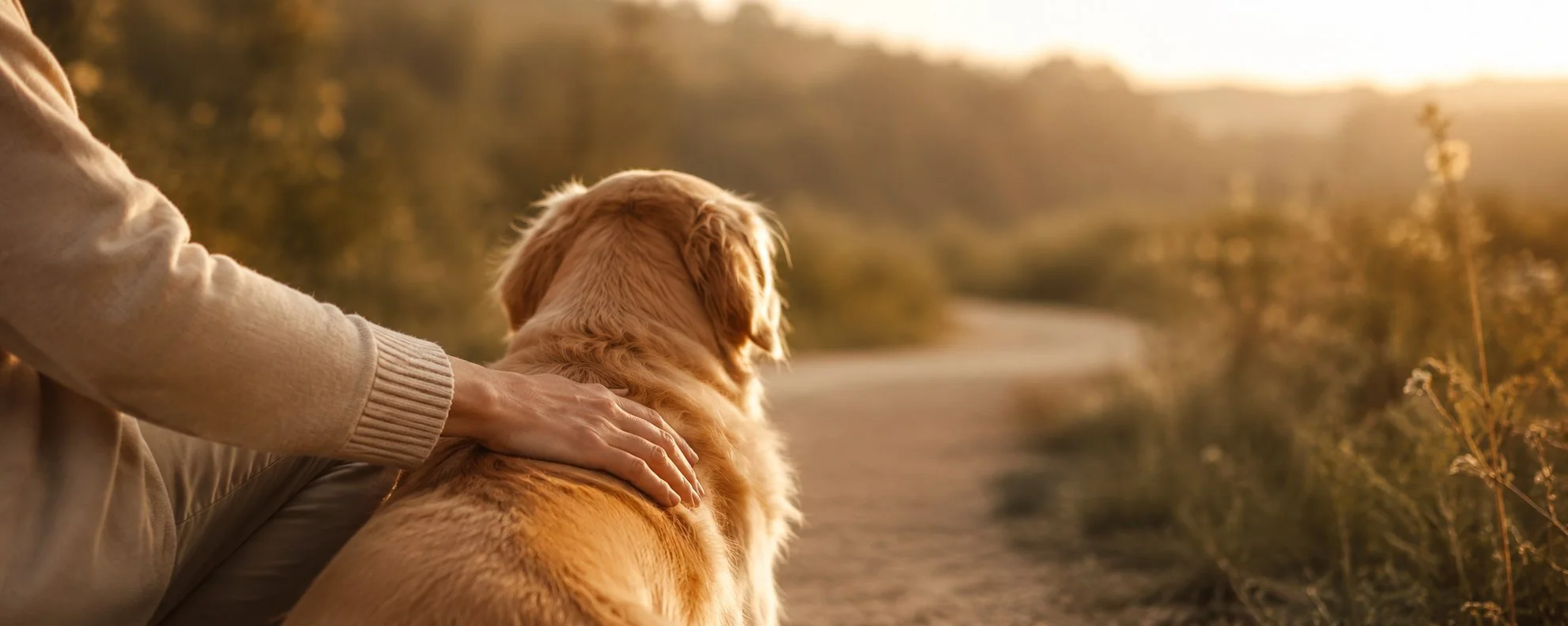 Eine Hand streichelt einen Hund im warmen Abendlicht